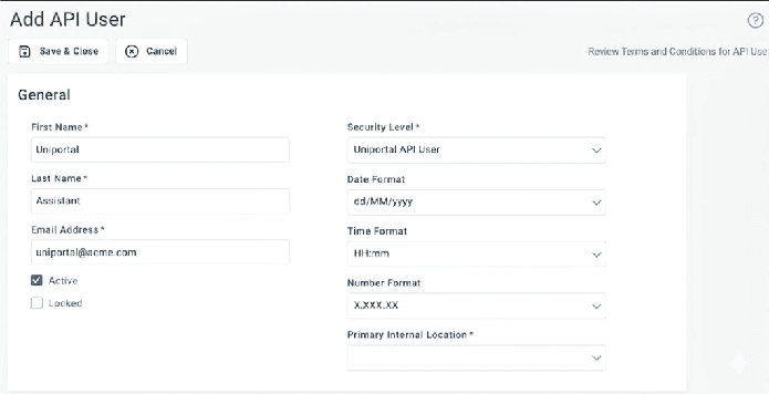 Add API User form with name Uniportal Assistant and Security Level set to Uniportal API User
