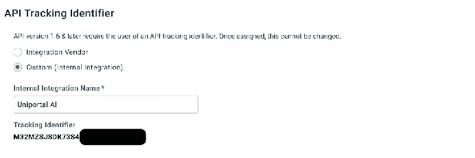 API Tracking Identifier form with Custom (Internal Integration) selected and named Uniportal AI