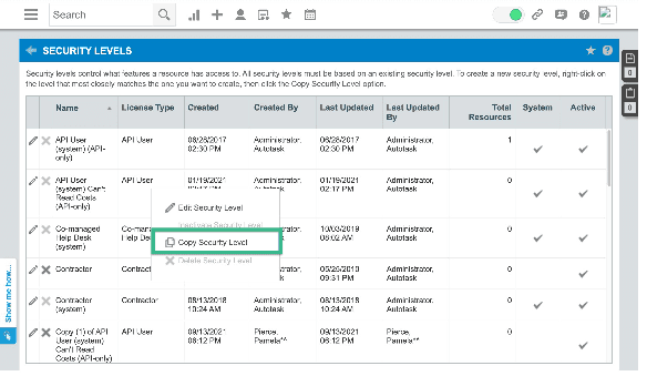 Security Levels list with Copy Security Level selected on API User (system)