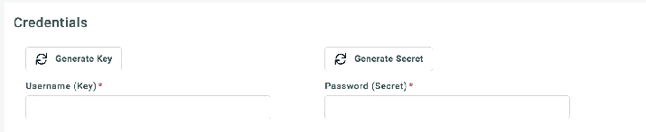 Credentials section with Generate Key and Generate Secret buttons