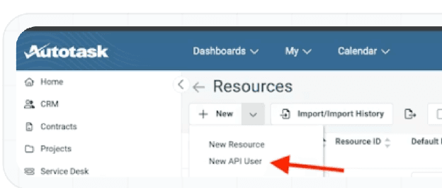 Resources page New menu with New API User selected