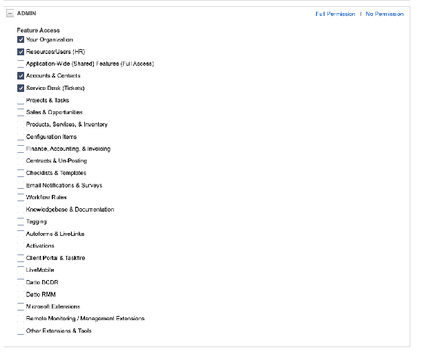 Admin feature access with Your Organization, Resources/Users, Accounts & Contacts, and Service Desk checked