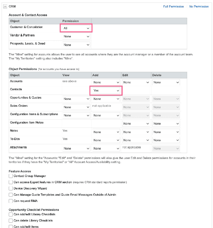 CRM permissions with Customer & Cancellation set to All and Contacts Add set to Yes