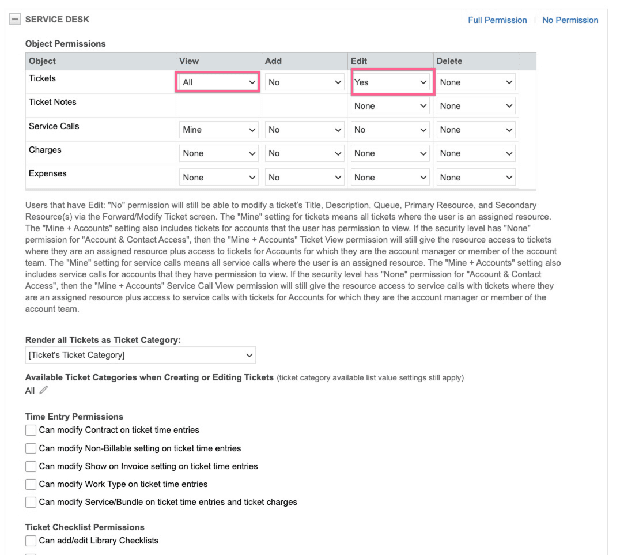 Service Desk permissions with Tickets View set to All and Edit set to Yes