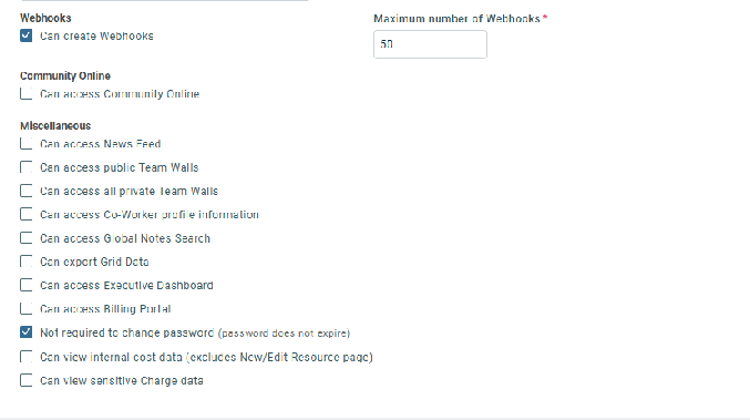 Webhooks and Miscellaneous permissions with Can create Webhooks and Not required to change password checked