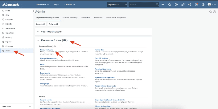 Autotask Admin section with Resources/Users highlighted