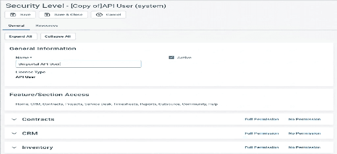 Security Level general information with the name field set to Uniportal API User