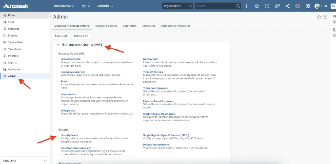 Autotask Admin section with Resources/Users (HR) and Security Levels highlighted