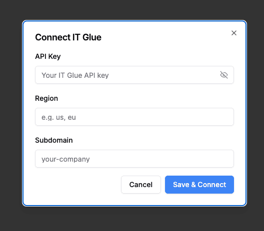 Connect IT Glue dialog with API Key, Region, and Subdomain fields