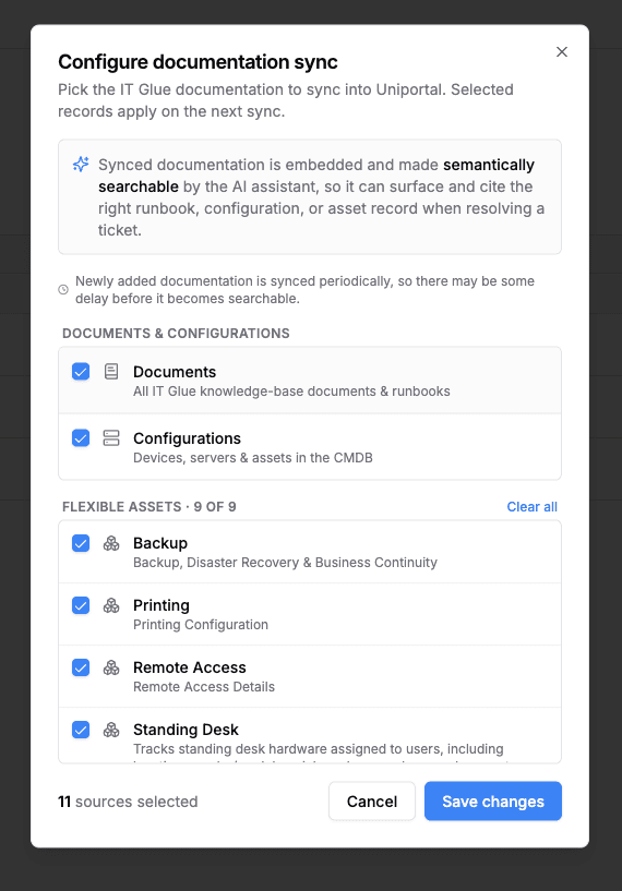Configure documentation sync dialog listing IT Glue documents, configurations, and flexible assets to sync